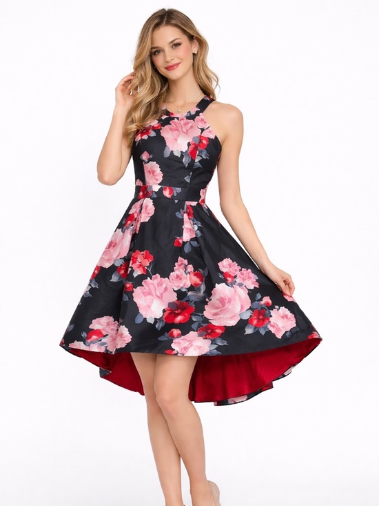 Trixxi Dresses & Skirts - Trixxi Floral Halter Fit & Flare Dress Decorative Bow Back Black Pink Small